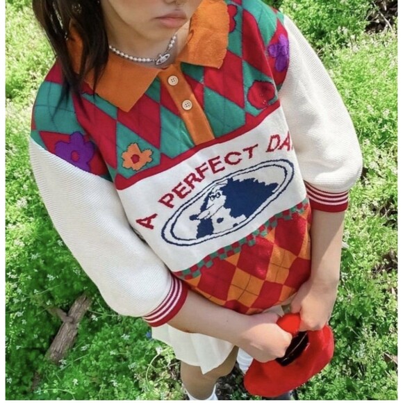 Kina & Tam A Perfect Day Sweater Dog Preppy Retro Collard Short Sleeve Small - Picture 4 of 10